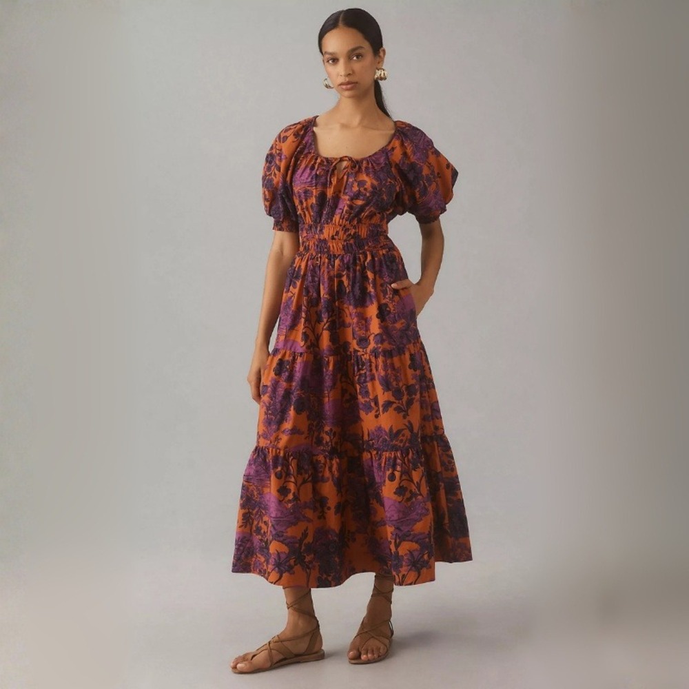 Anthropologie The Somerset Puff-Sleeve Maxi Dress Floral Tiered Orange Purple M